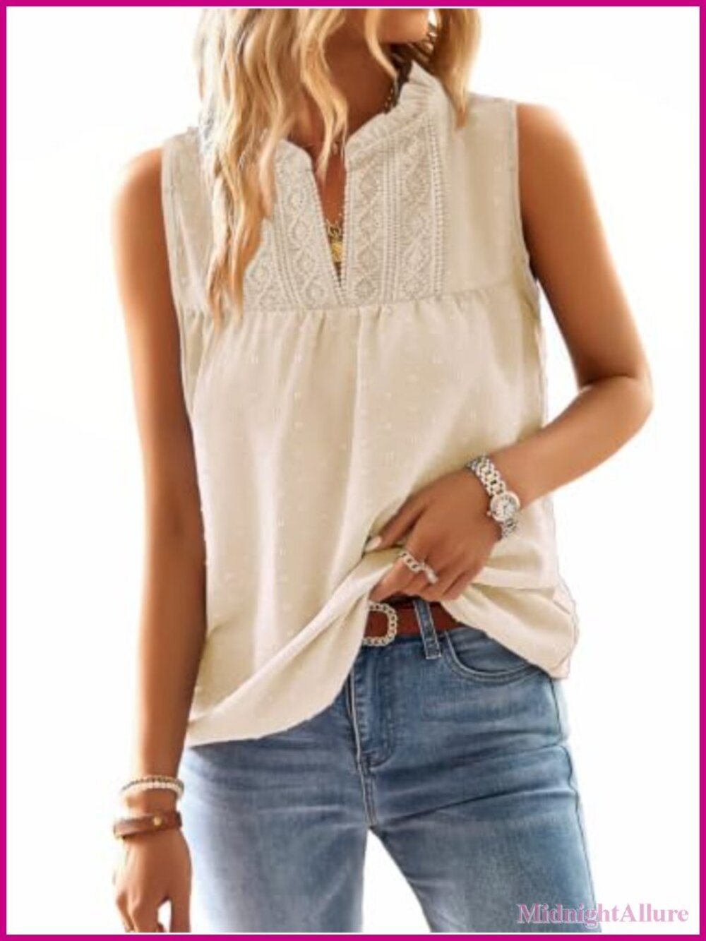 Women's Sleeveless V-Neck Tank Top with Lace Trim Baby Doll
